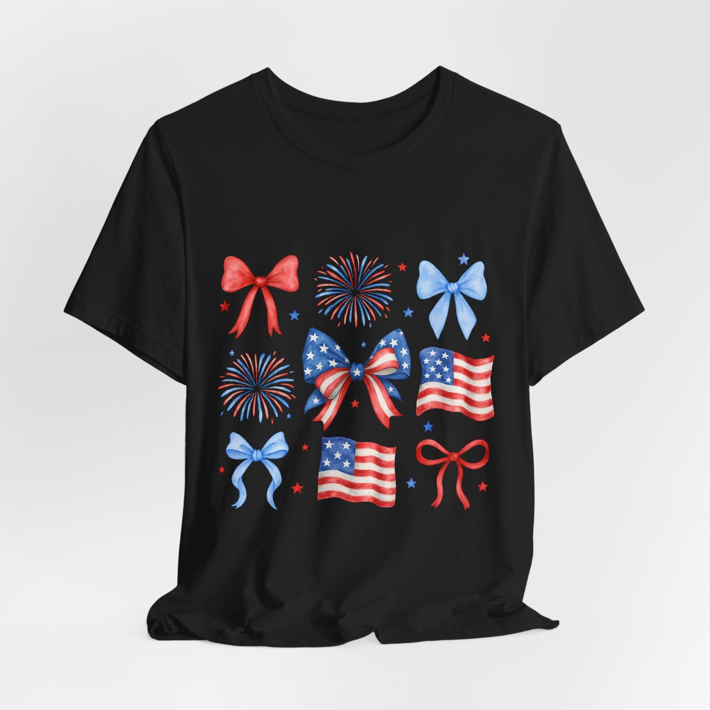 Patriotic Bows & Flags Tee — 4th of July Fireworks Graphic T-Shirt