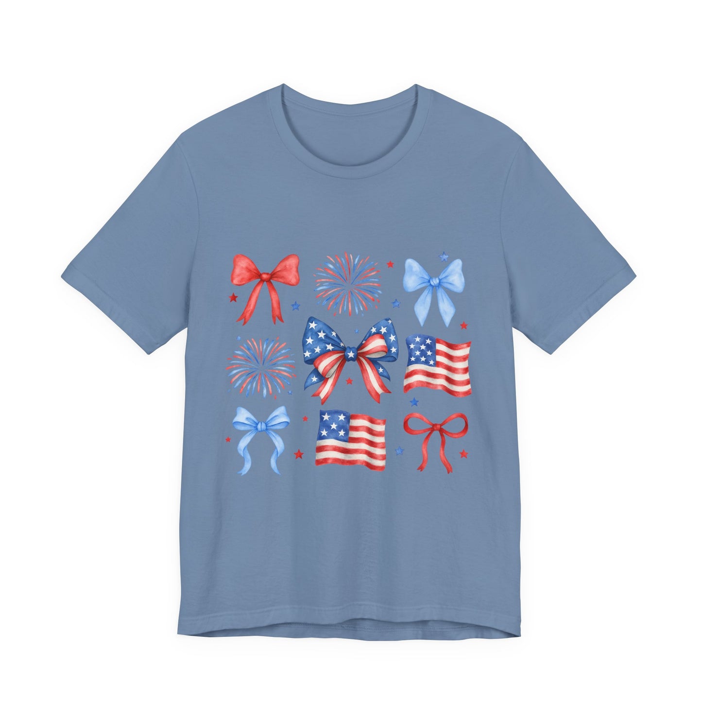 Patriotic Bows & Flags Tee — 4th of July Fireworks Graphic T-Shirt