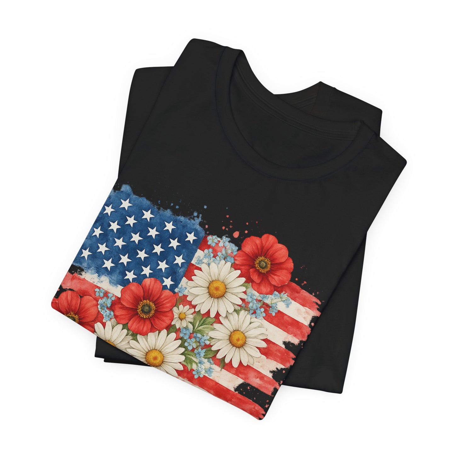 American Flag Floral T‑Shirt – Patriotic Daisy & Poppy USA Tee