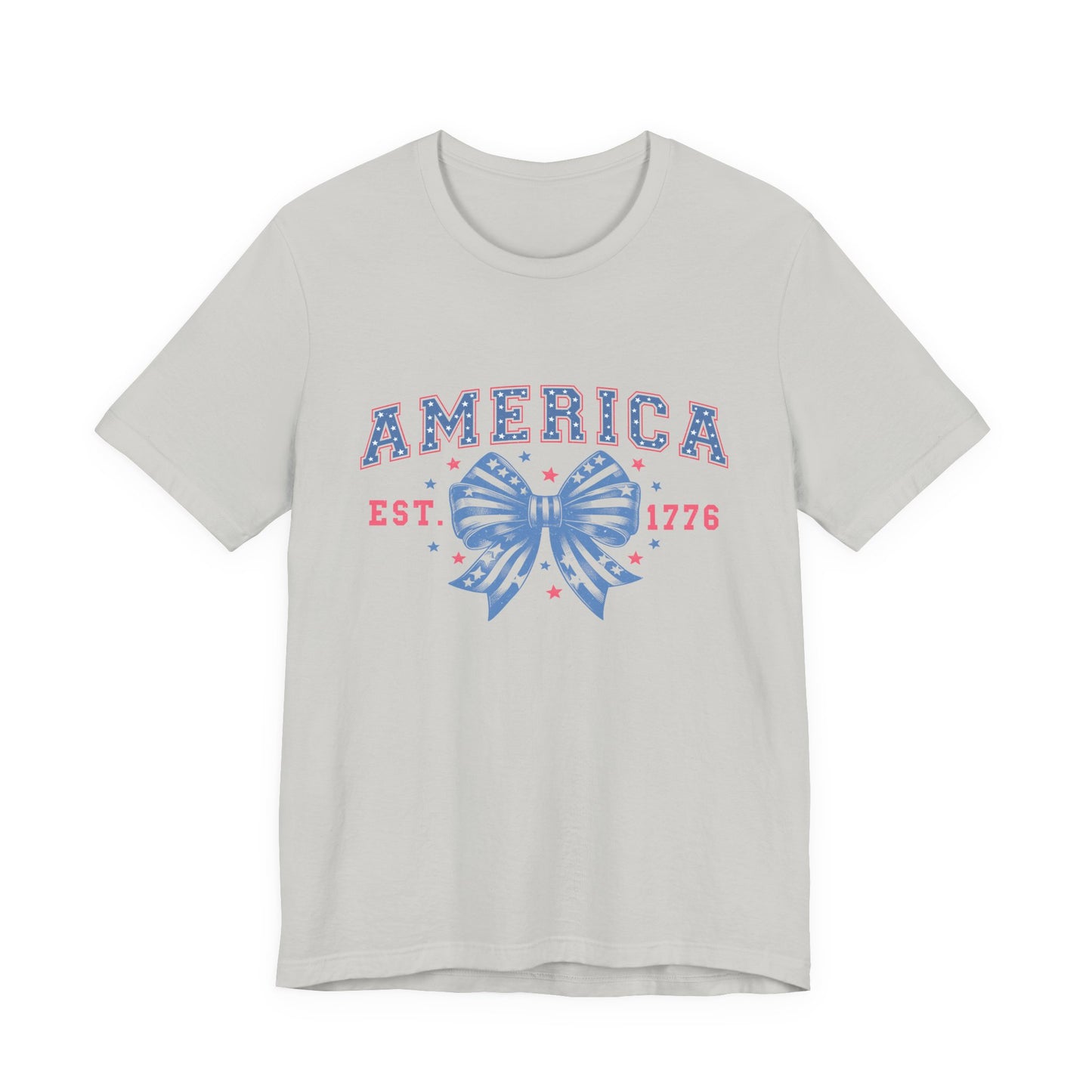 America Est. 1776 Patriotic T-Shirt – Stars & Stripes Bow Graphic