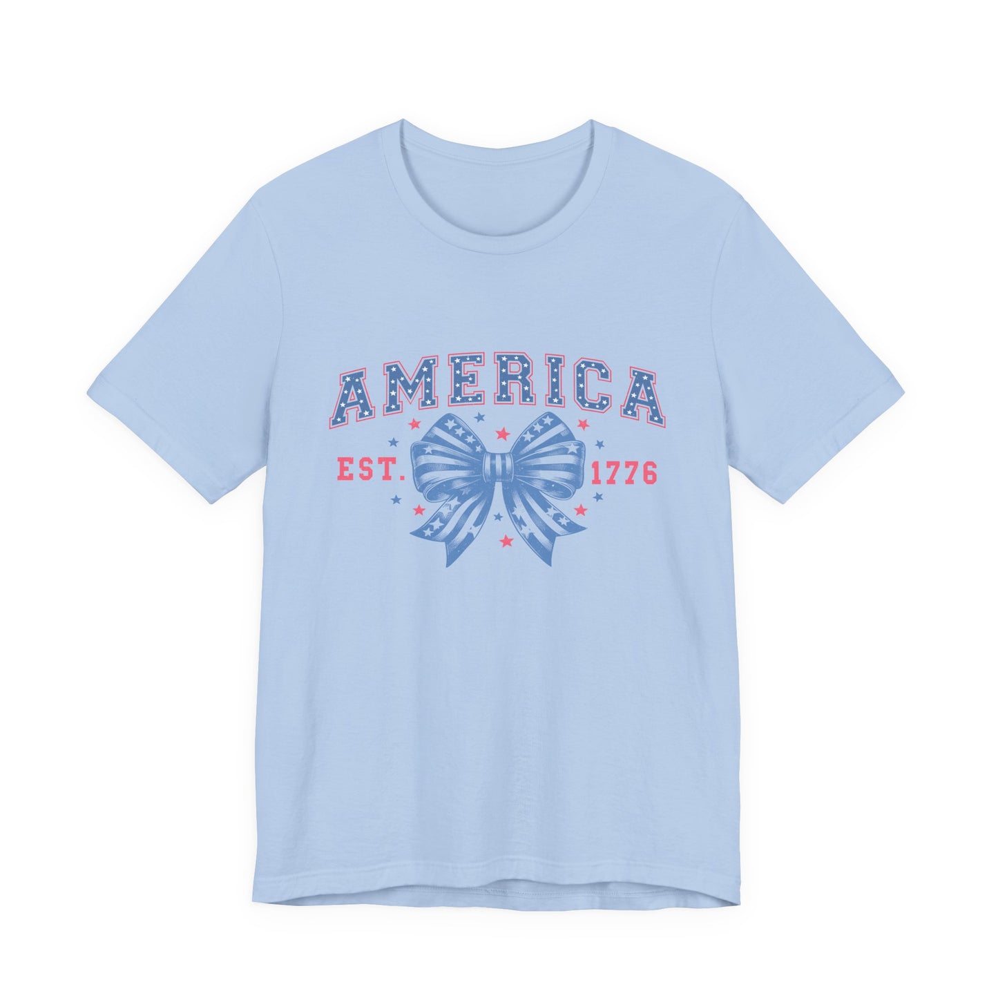 America Est. 1776 Patriotic T-Shirt – Stars & Stripes Bow Graphic