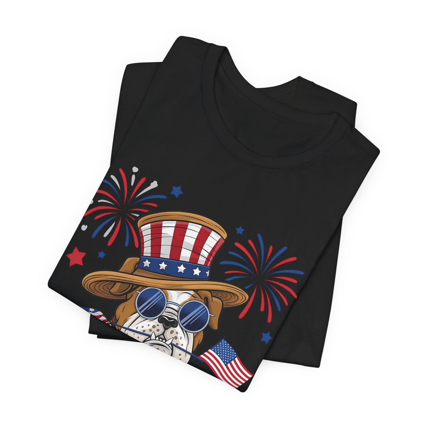 Patriotic Bulldog T-Shirt — American Flag Pup with Uncle Sam Hat & Fireworks (4th of July Tee)