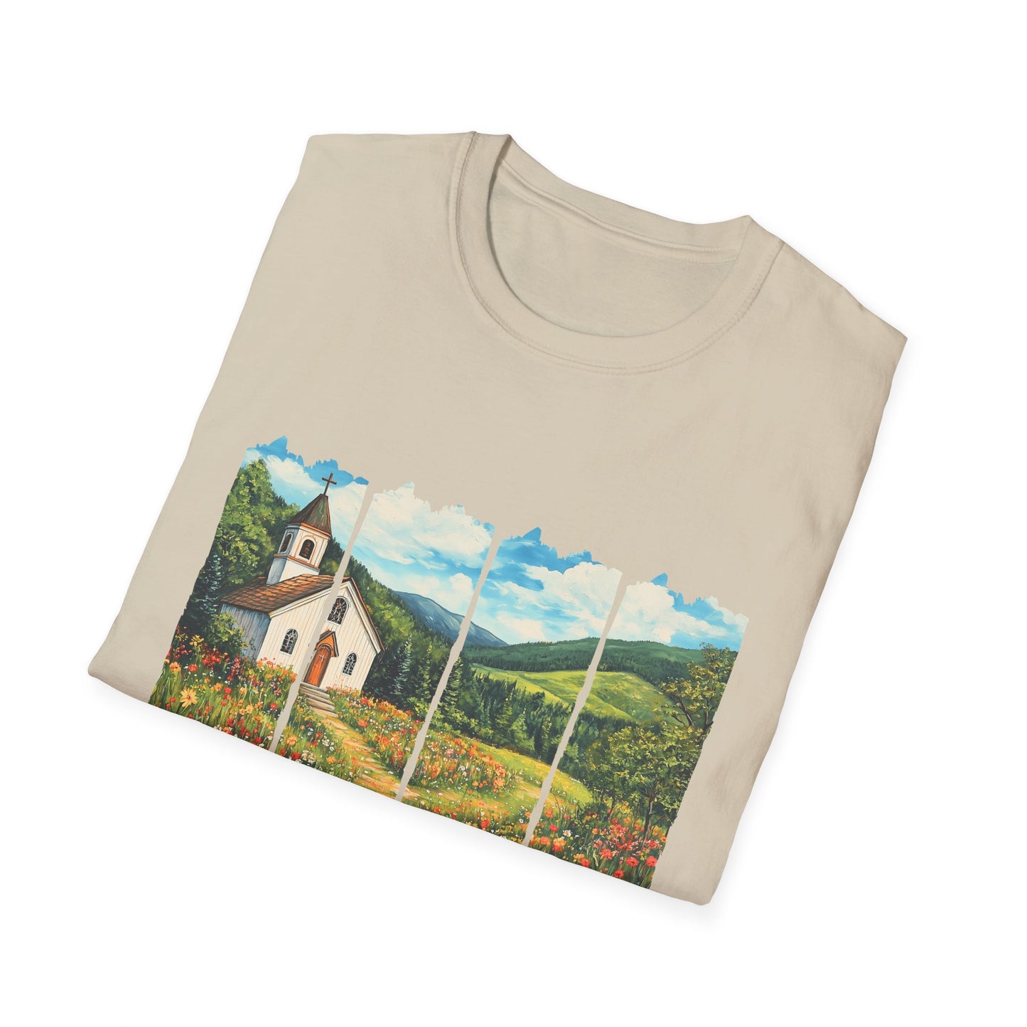 Scenic Chapel Landscape T-Shirt — Countryside Floral Mountain Art Tee