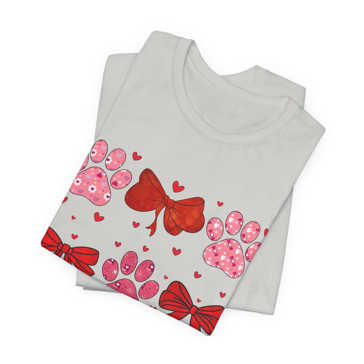 Valentine Paw Prints T‑Shirt — Cute Red Bows & Hearts Pet Lover Tee
