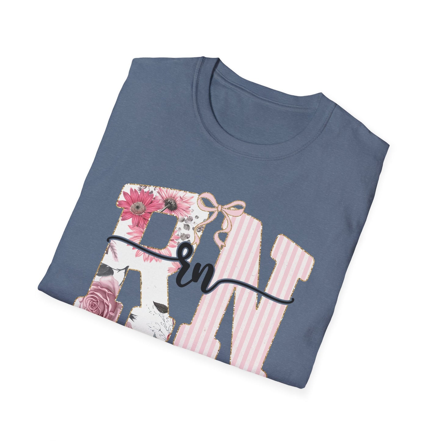 T-Shirt — RN Floral Script Design (Pink Stripes & Roses)