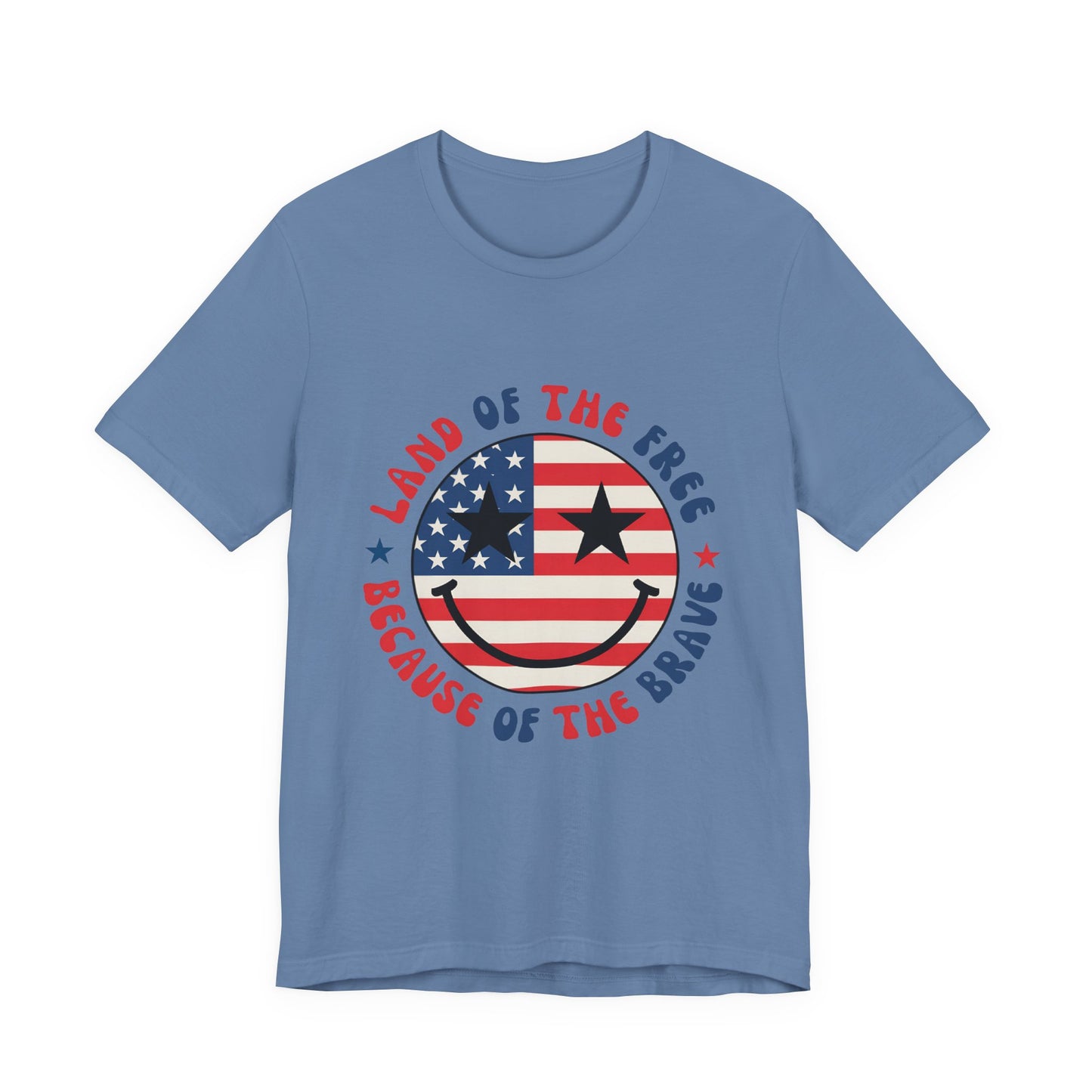 Patriotic Smiley Tee - "Land of the Free Because of the Brave" American Flag Shirt