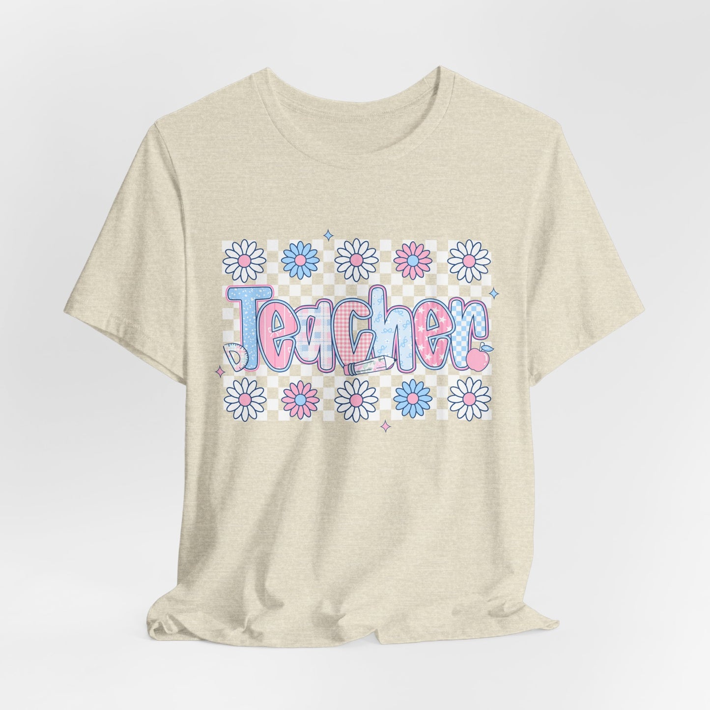 Teacher Daisy Graphic Tee – Cute Pink & Blue Floral Classroom Shirt