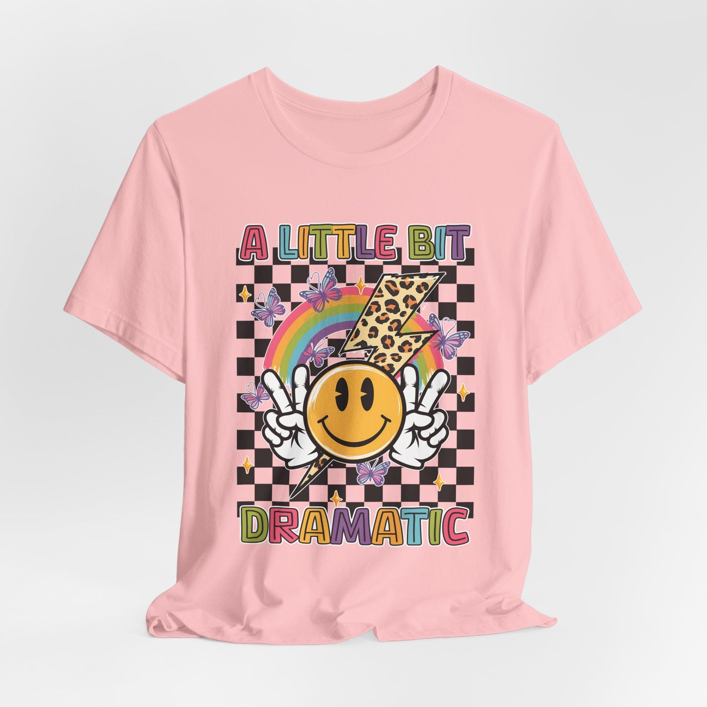 A Little Bit Dramatic Graphic Tee — Smiley Rainbow Checkerboard T-Shirt
