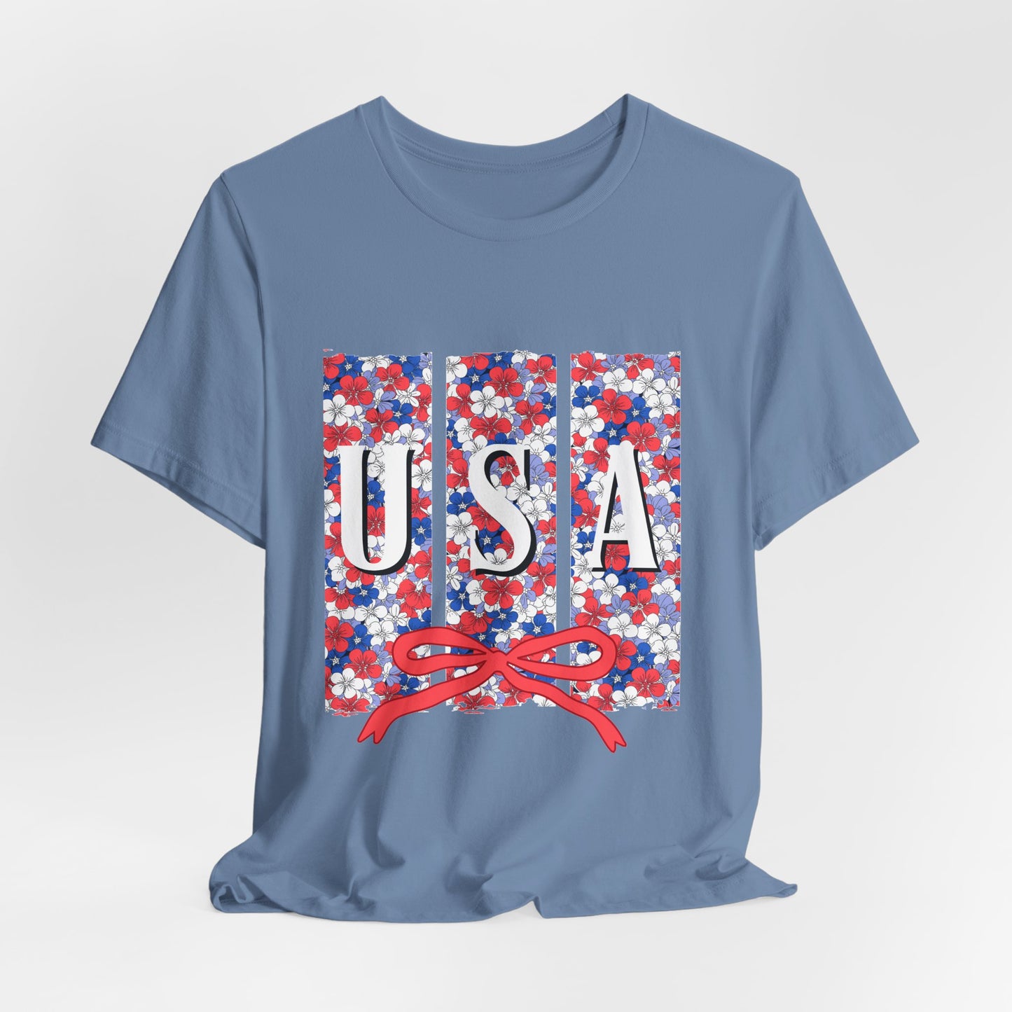 USA Floral Flag T-Shirt — Patriotic Red White Blue Tee (4th of July)