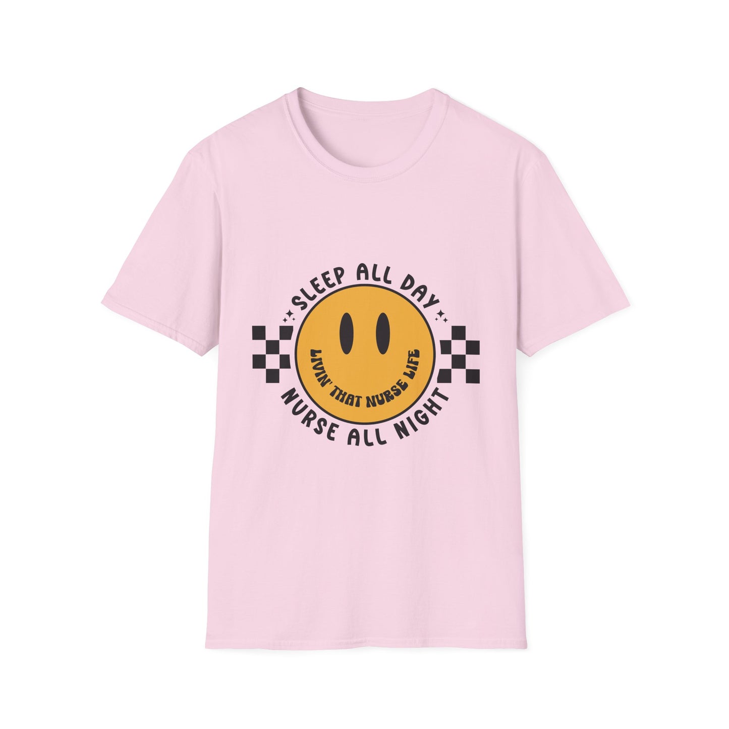 Nurse Smiley Tee — “Sleep All Day, Nurse All Night” Graphic T-Shirt