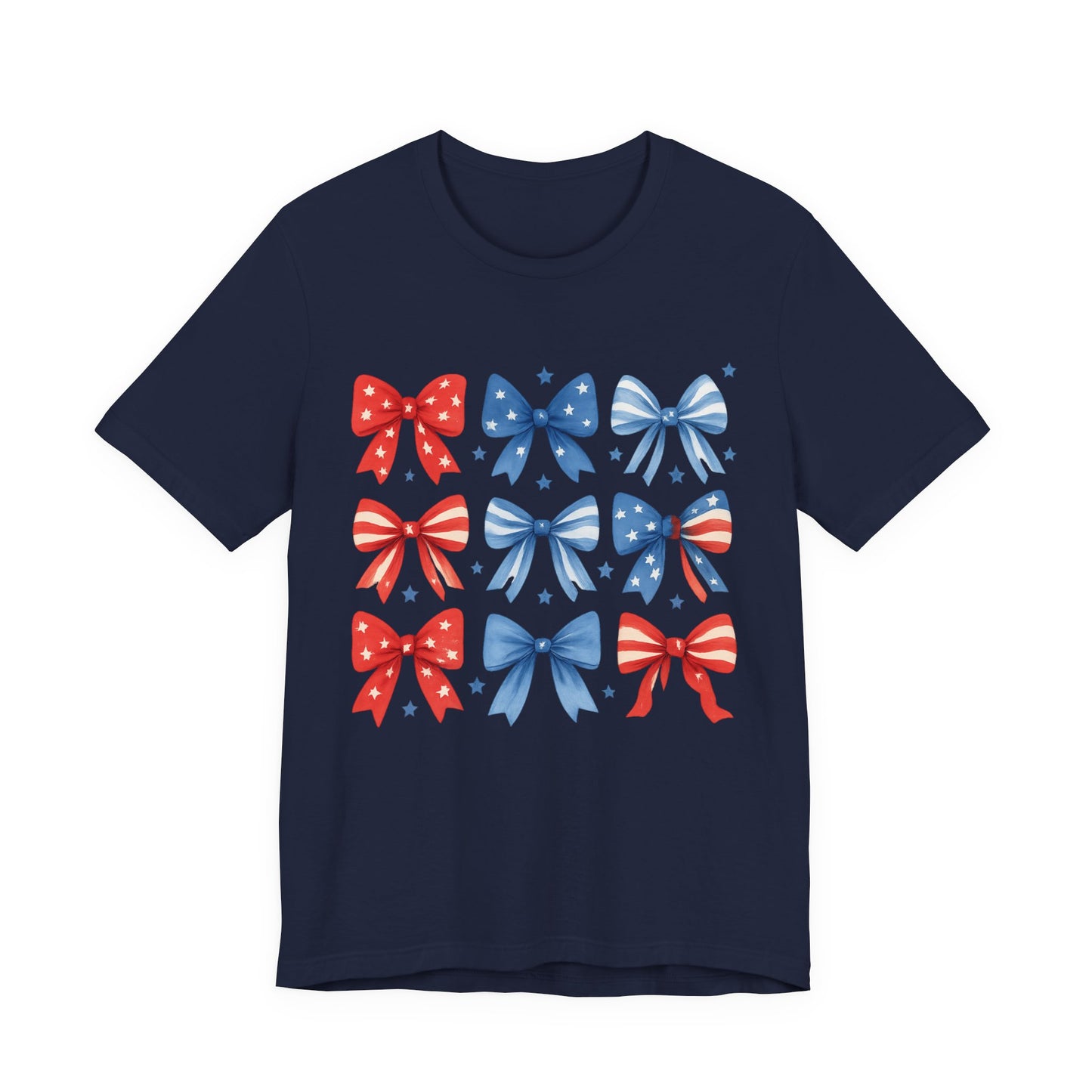 Patriotic Red & Blue Bows Tee — 4th of July Graphic T-Shirt