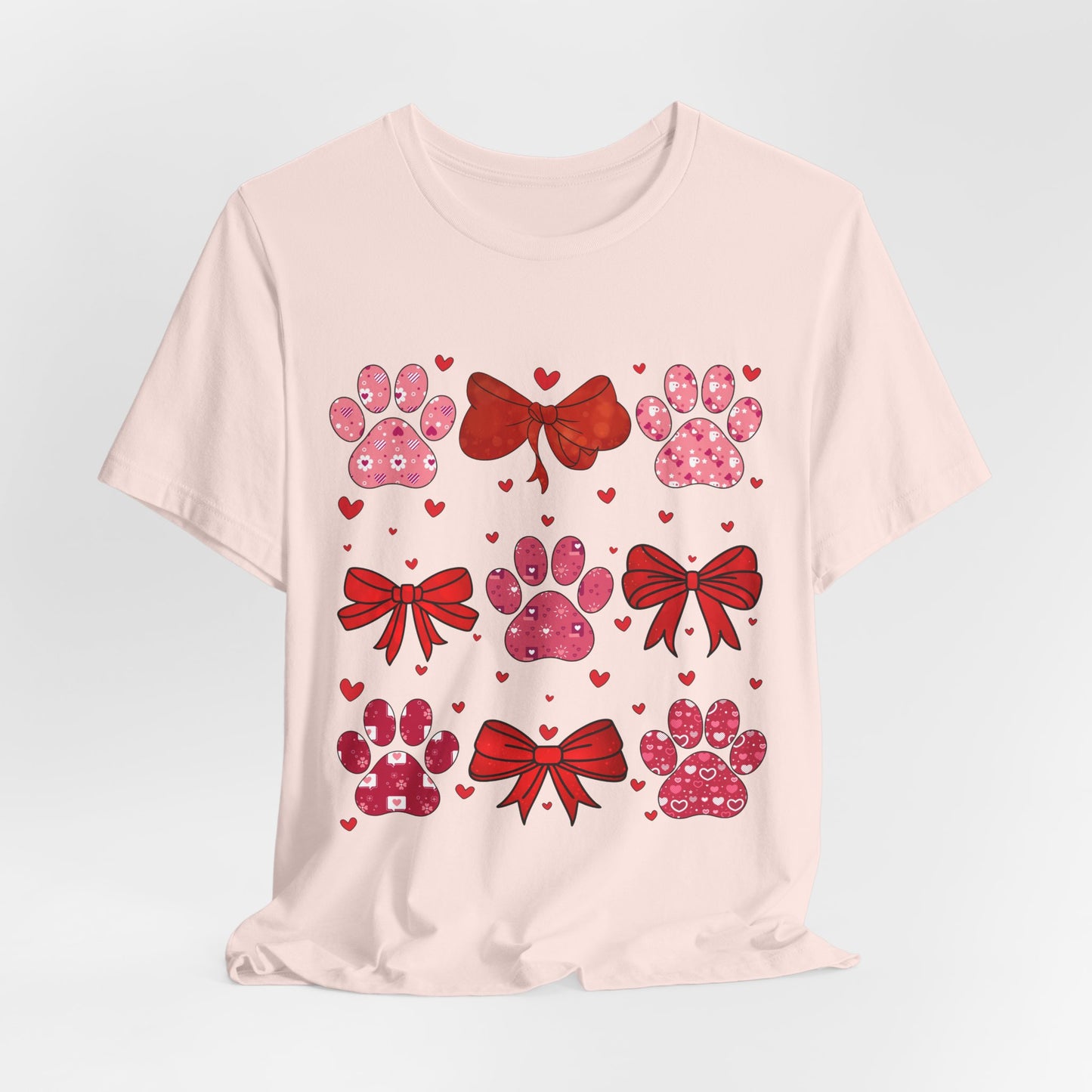 Valentine Paw Prints T‑Shirt — Cute Red Bows & Hearts Pet Lover Tee