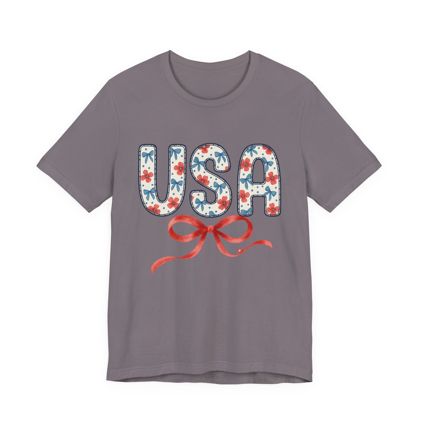 USA Floral Graphic Tee with Ribbon – 4th of July Patriotic Shirt