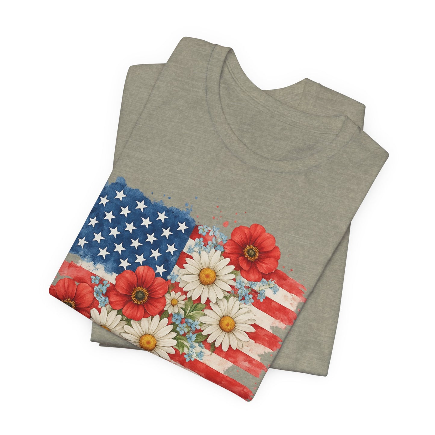 American Flag Floral T‑Shirt – Patriotic Daisy & Poppy USA Tee