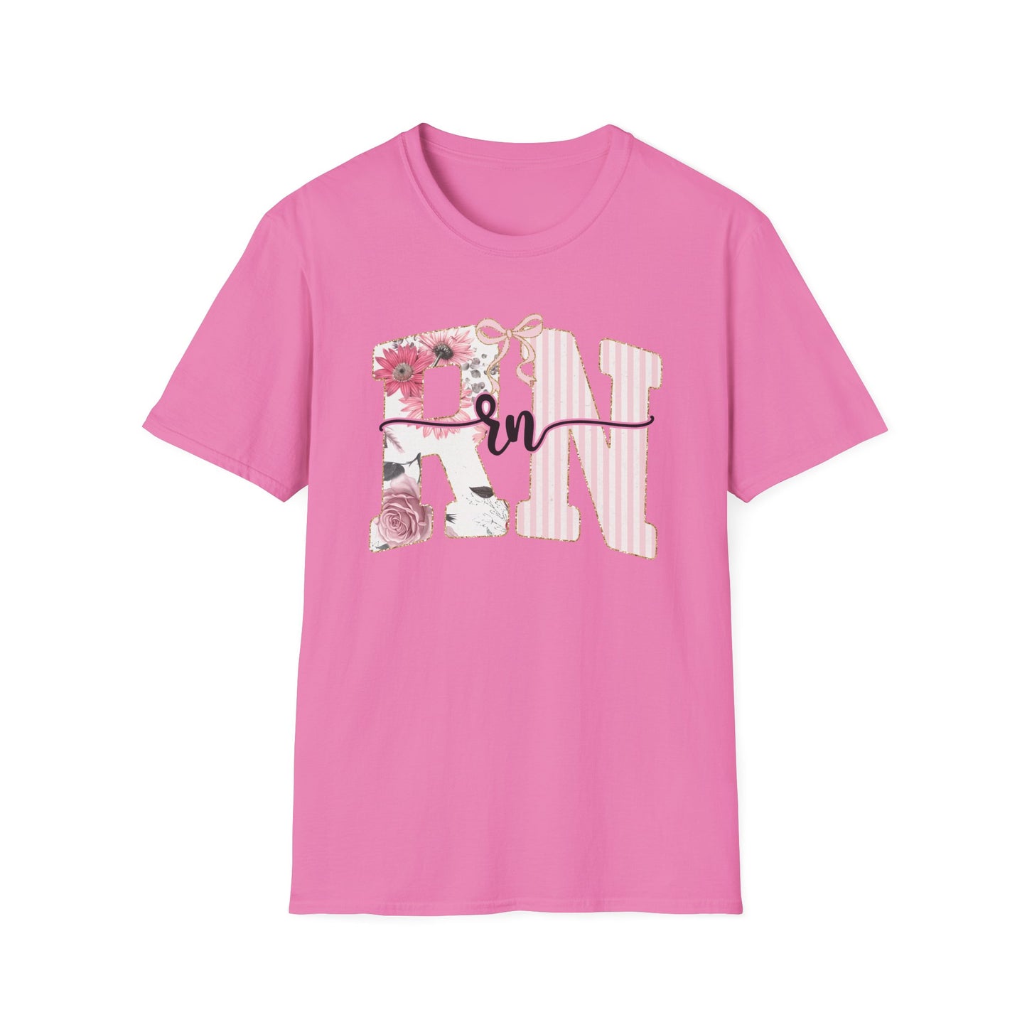 T-Shirt — RN Floral Script Design (Pink Stripes & Roses)