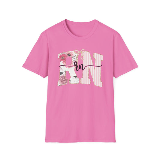 T-Shirt — RN Floral Script Design (Pink Stripes & Roses)