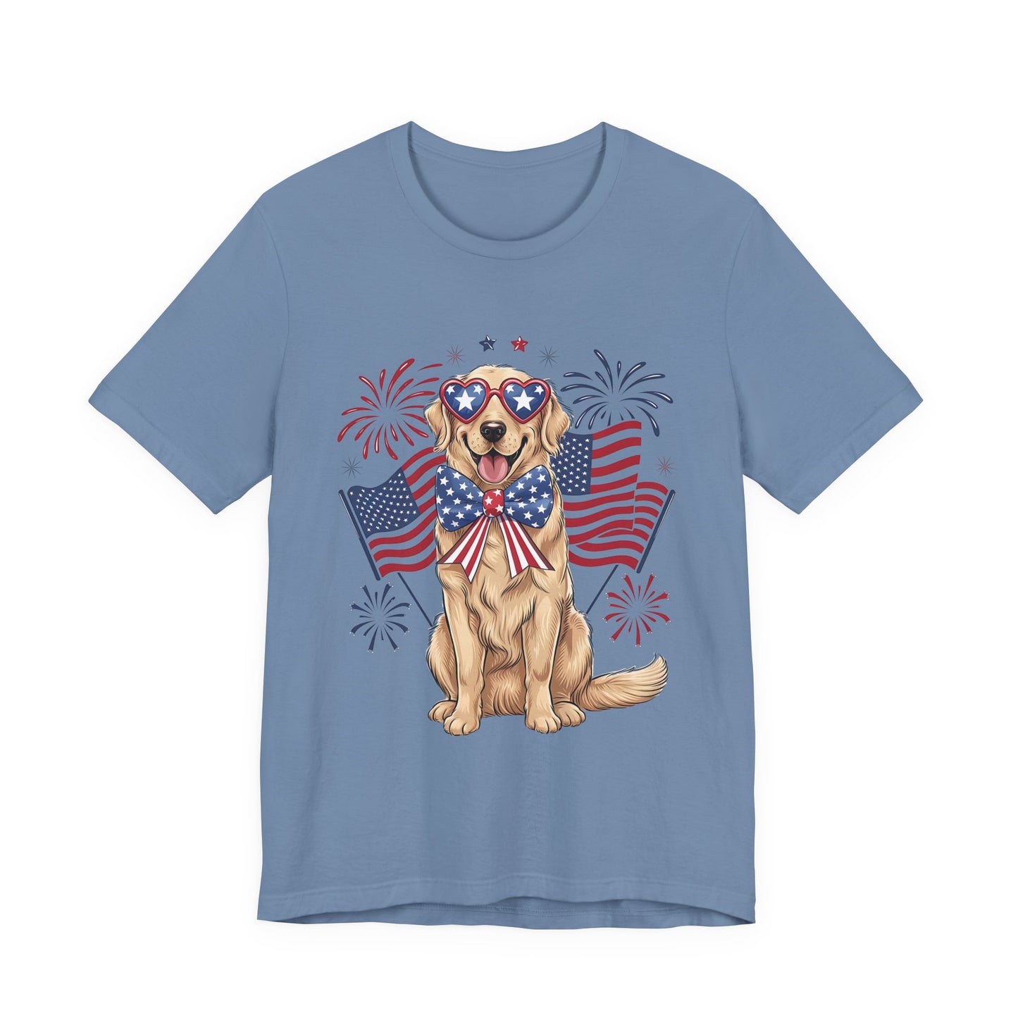 Patriotic Golden Retriever T‑Shirt — USA Flag Dog with Fireworks