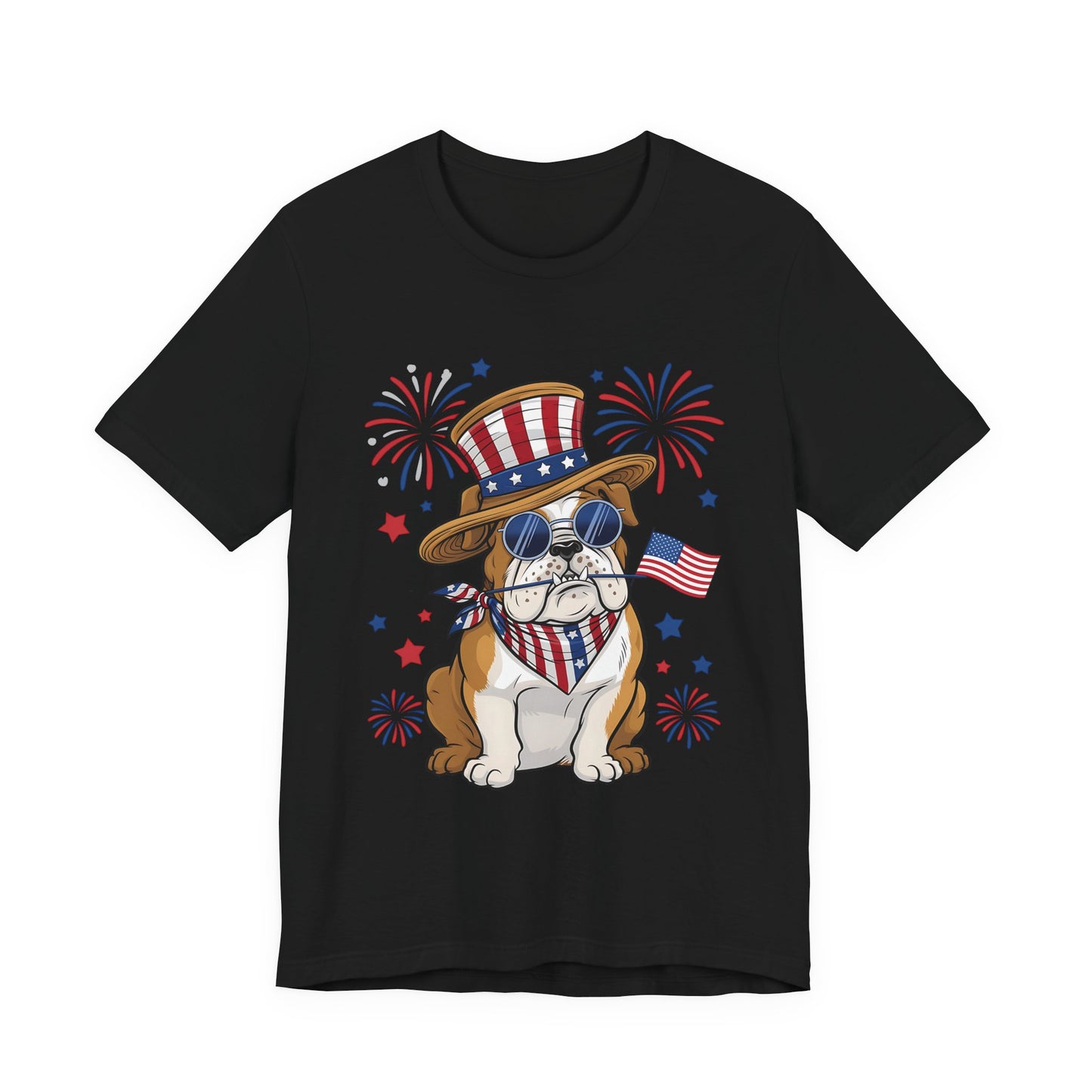 Patriotic Bulldog T-Shirt — American Flag Pup with Uncle Sam Hat & Fireworks (4th of July Tee)