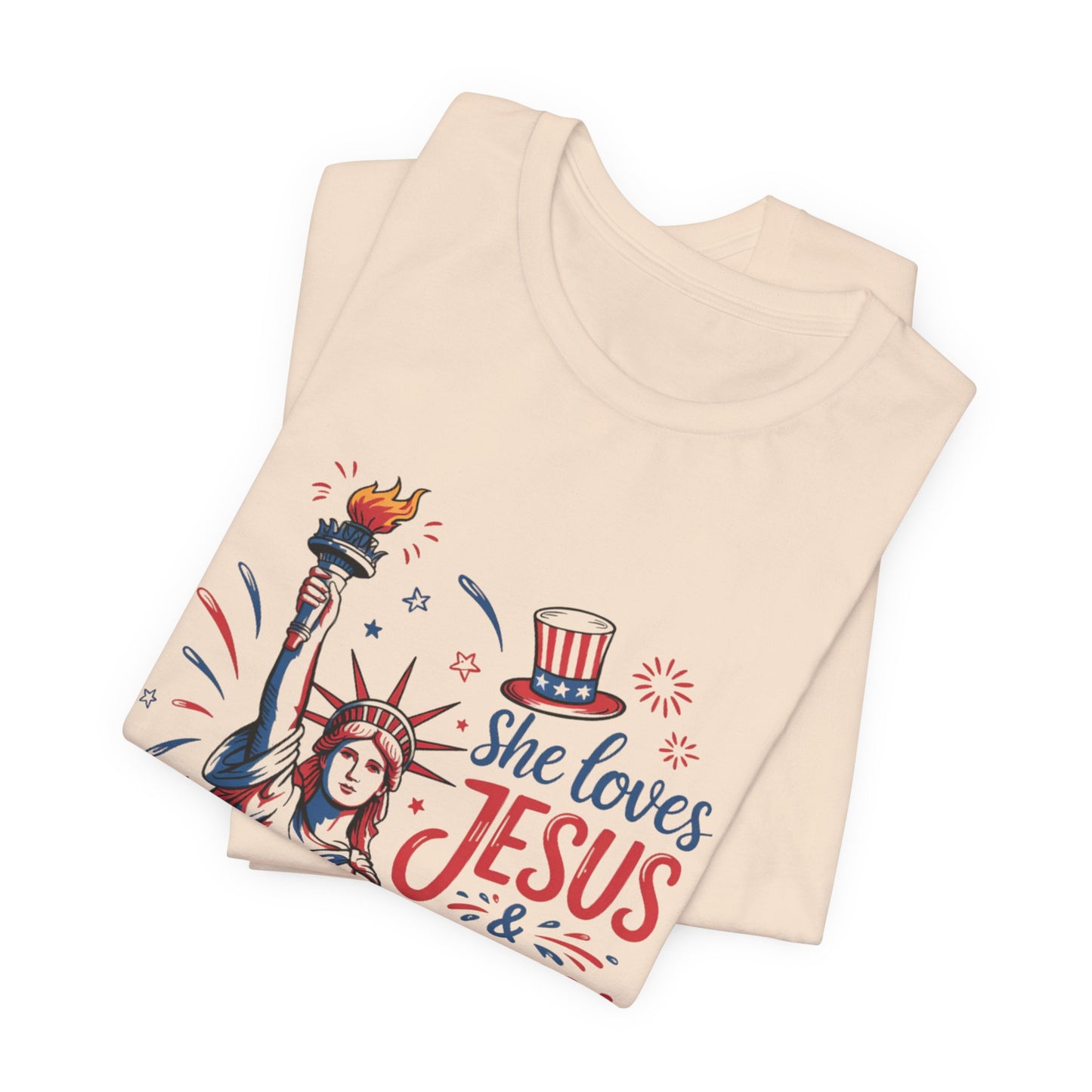 She Loves Jesus & America Too T-Shirt – Patriotic Statue of Liberty Christian Tee