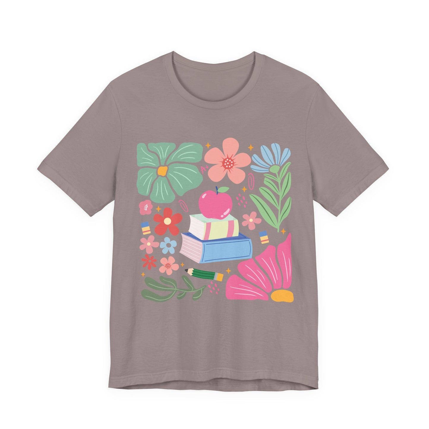 Floral Books & Apple Tee — Cute Spring Reading T-Shirt