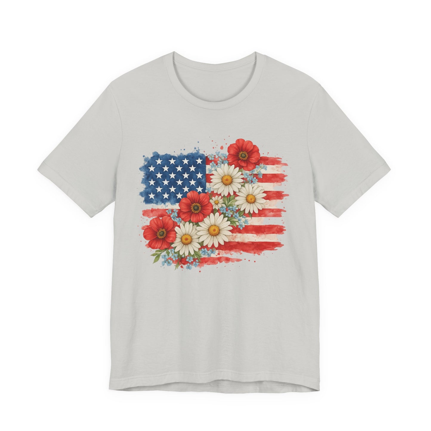 American Flag Floral T‑Shirt – Patriotic Daisy & Poppy USA Tee