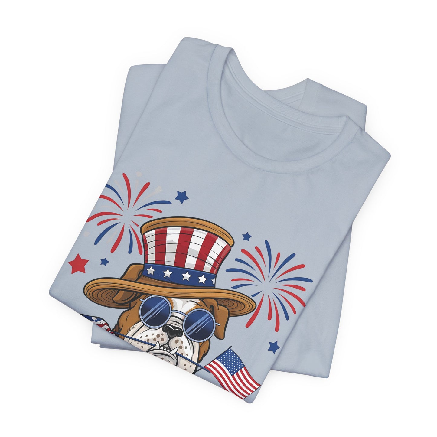 Patriotic Bulldog T-Shirt — American Flag Pup with Uncle Sam Hat & Fireworks (4th of July Tee)