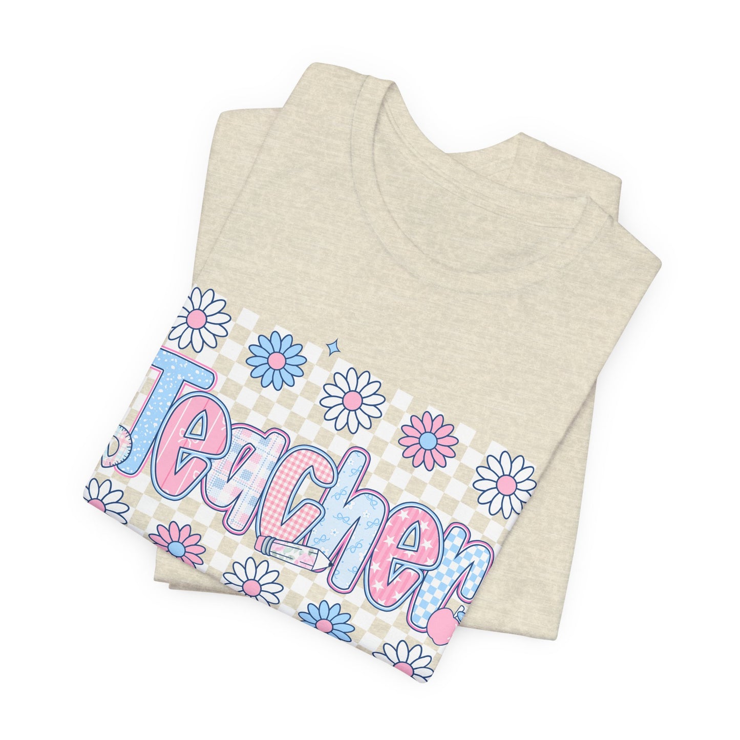 Teacher Daisy Graphic Tee – Cute Pink & Blue Floral Classroom Shirt