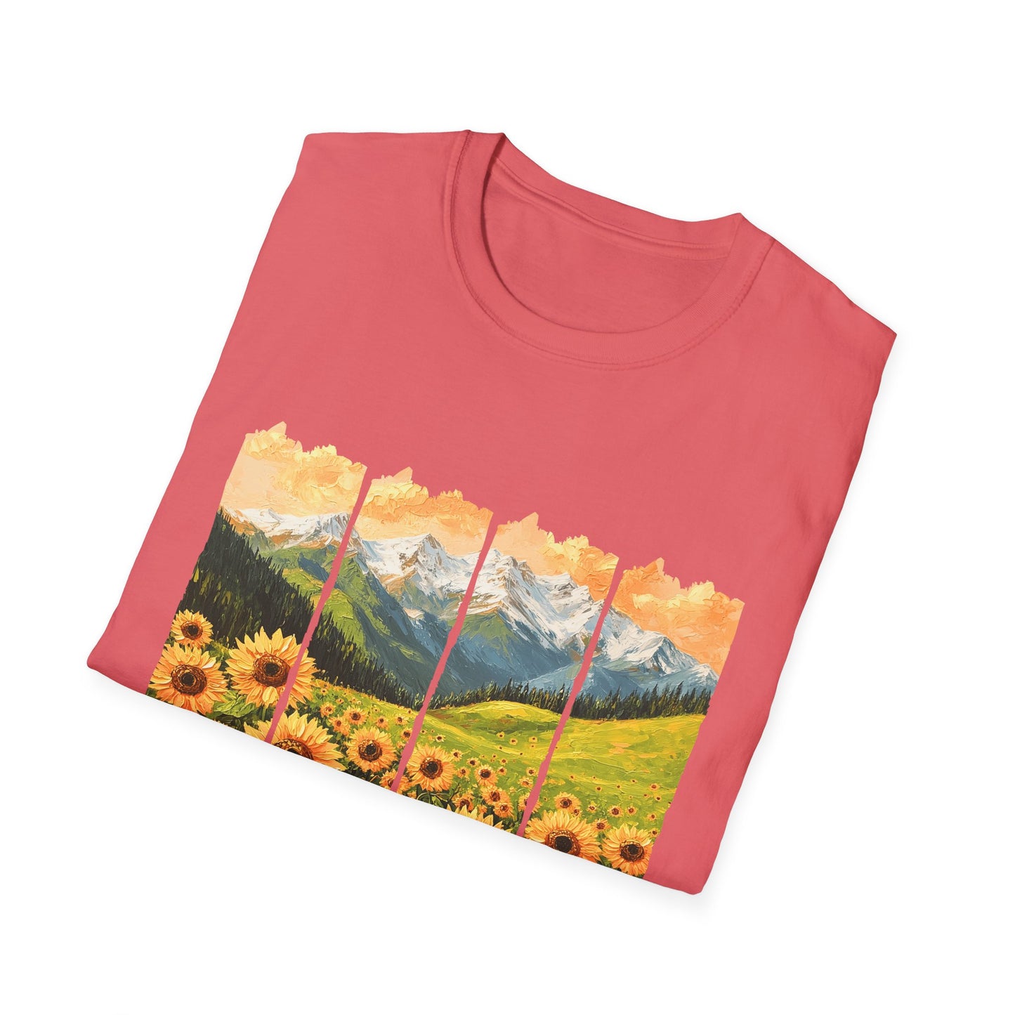 Sunflower Mountain Poster T-Shirt — Scenic Field & Peaks Graphic Tee