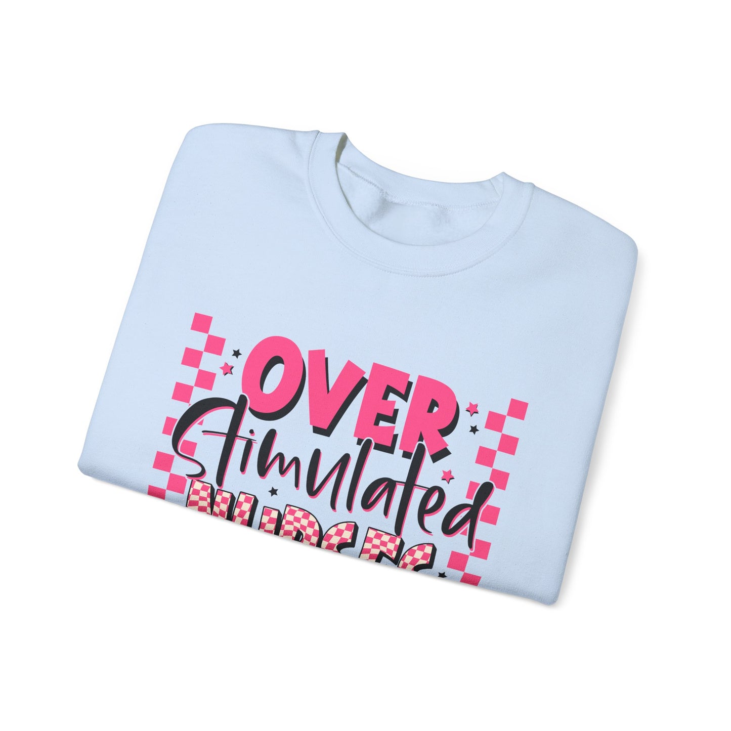 Crewneck Sweatshirt — "Overstimulated Nurses Club" Pink Checker Graphic