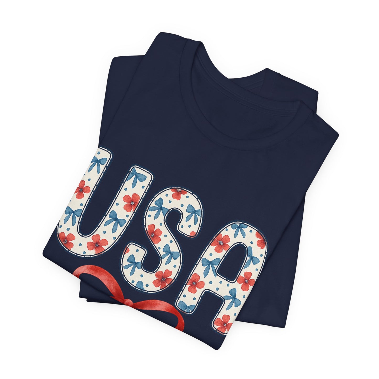 USA Floral Graphic Tee with Ribbon – 4th of July Patriotic Shirt