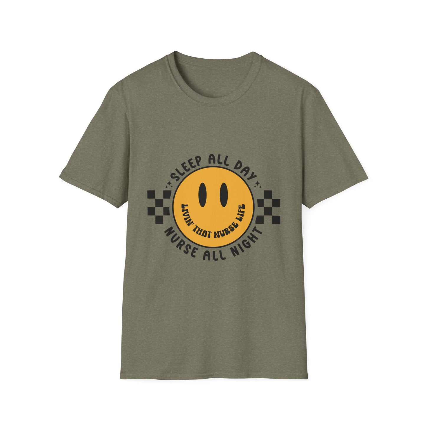 Nurse Smiley Tee — “Sleep All Day, Nurse All Night” Graphic T-Shirt