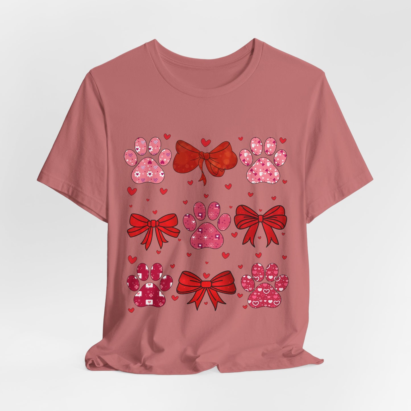 Valentine Paw Prints T‑Shirt — Cute Red Bows & Hearts Pet Lover Tee