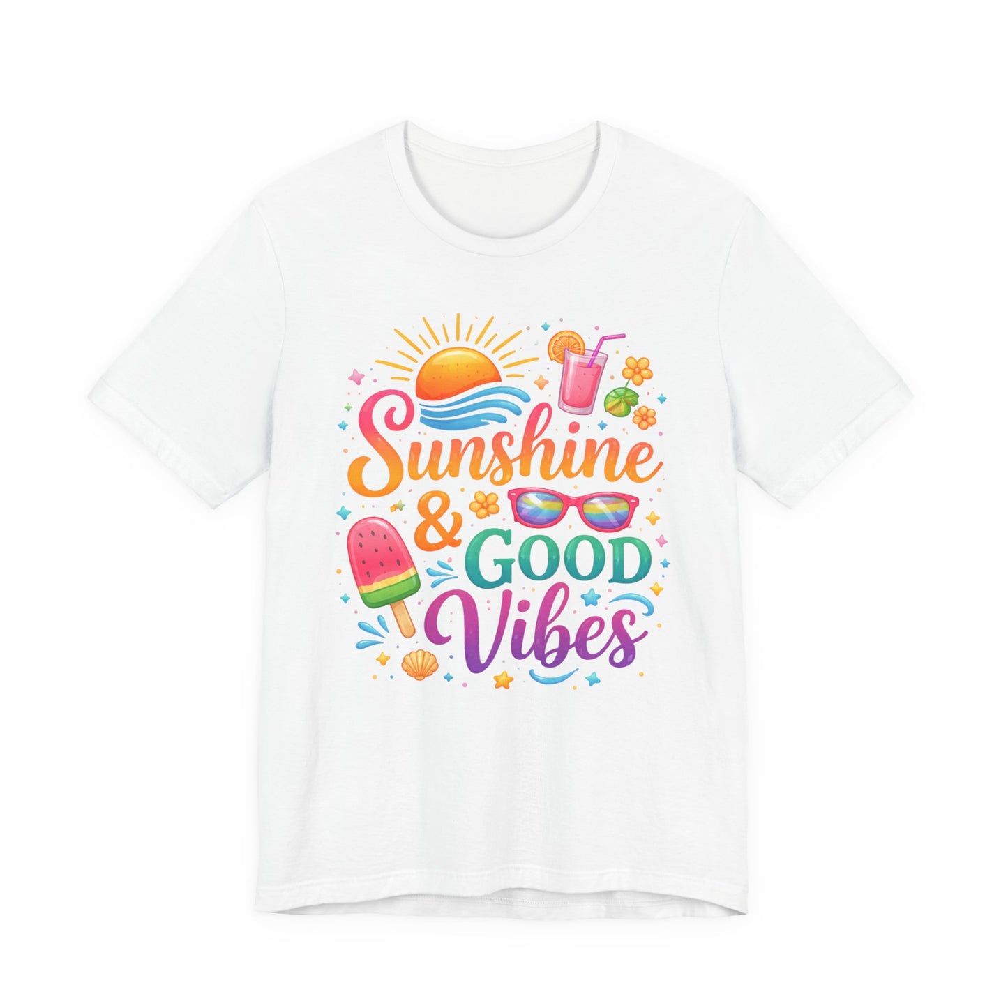 Sunshine & Good Vibes T-Shirt | Summer Beach Drink Sunglasses Popsicle Design