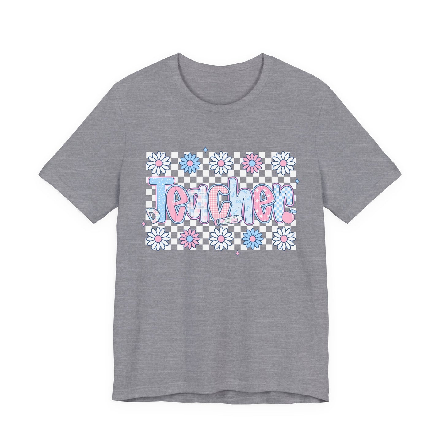 Teacher Daisy Graphic Tee – Cute Pink & Blue Floral Classroom Shirt
