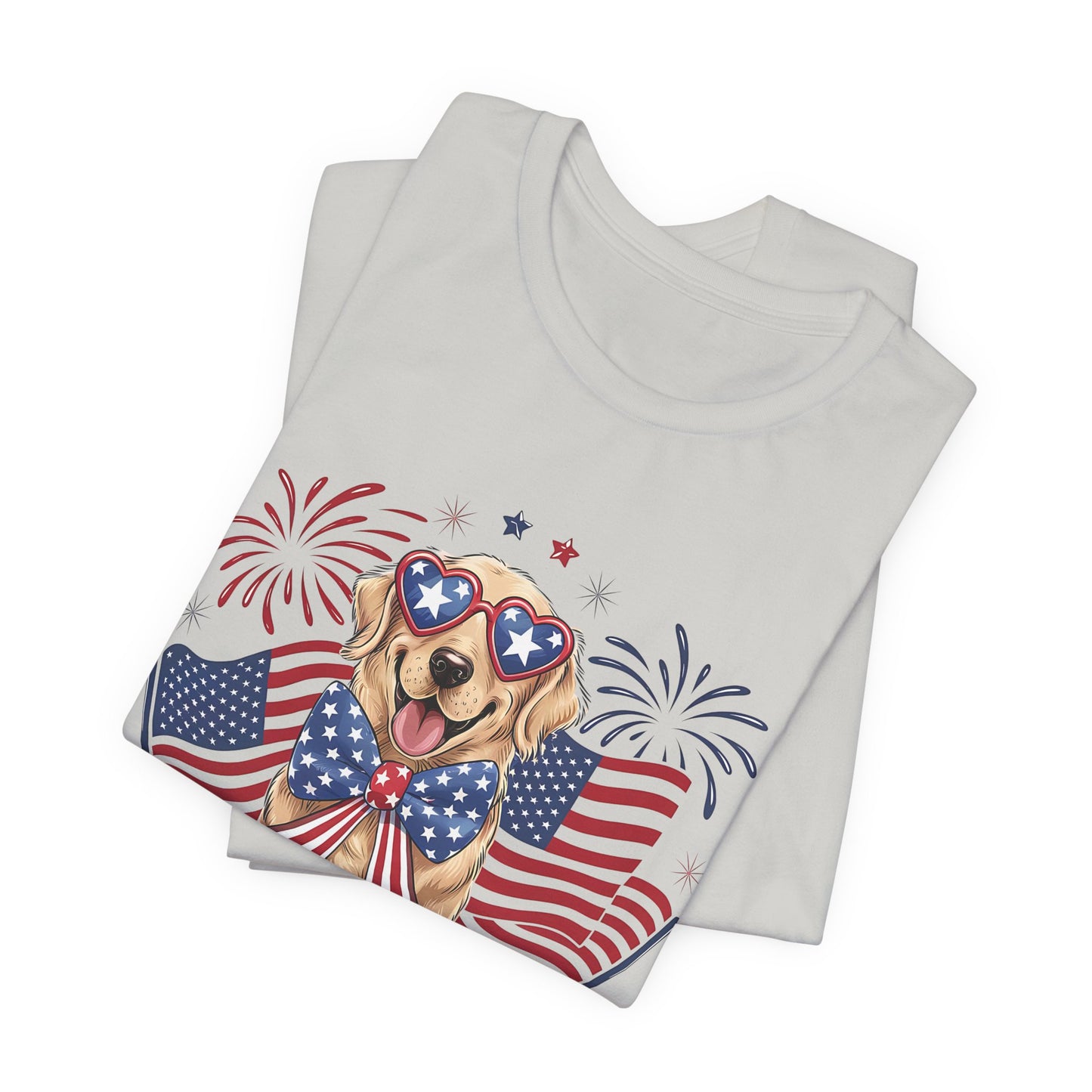 Patriotic Golden Retriever T‑Shirt — USA Flag Dog with Fireworks