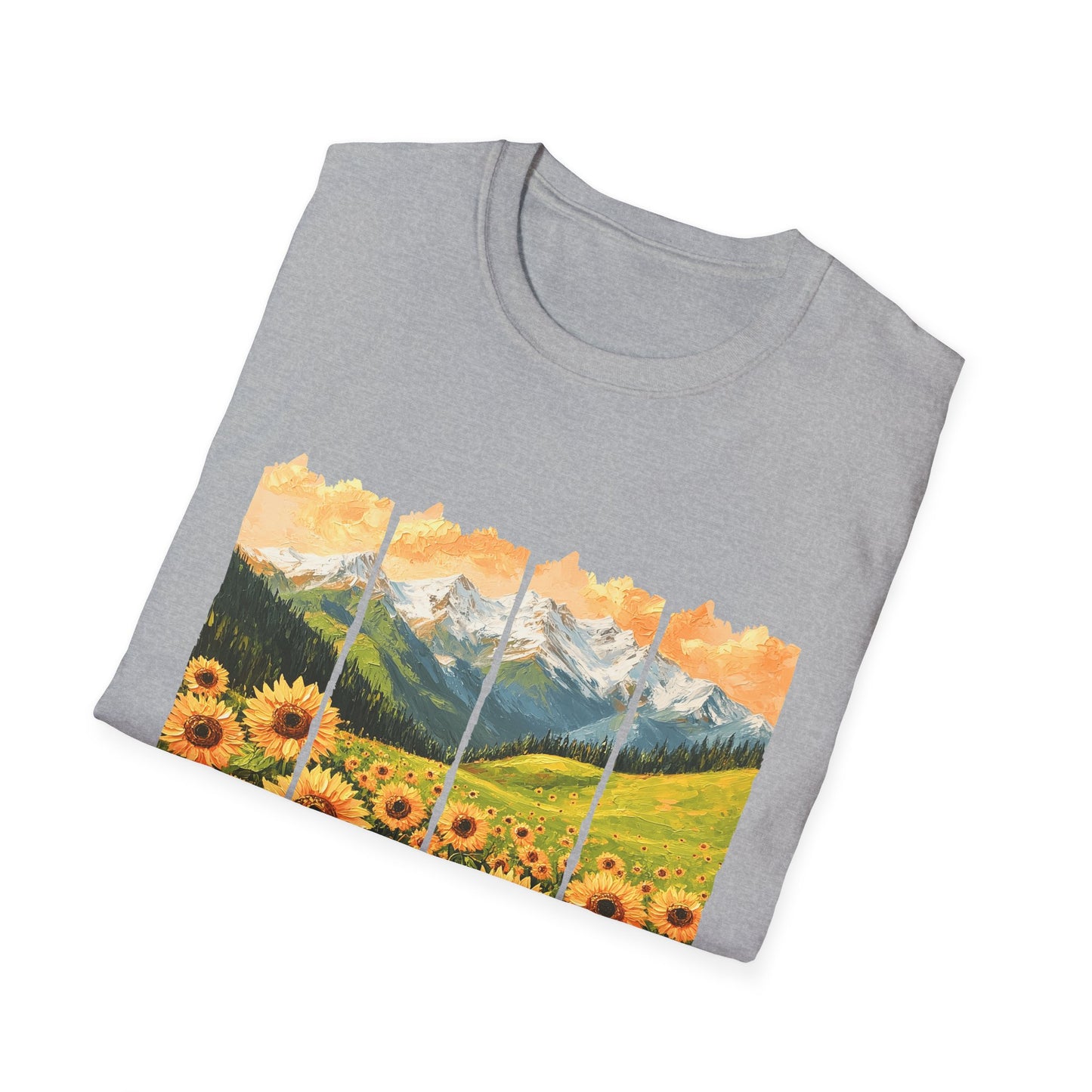 Sunflower Mountain Poster T-Shirt — Scenic Field & Peaks Graphic Tee