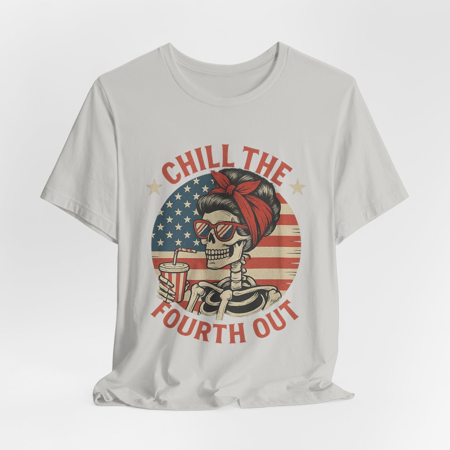 Chill the Fourth Out Tee – Retro Skull with American Flag & Drink | 4th of July Patriotic Shirt