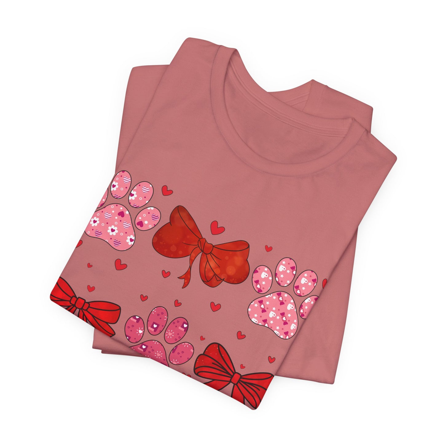 Valentine Paw Prints T‑Shirt — Cute Red Bows & Hearts Pet Lover Tee