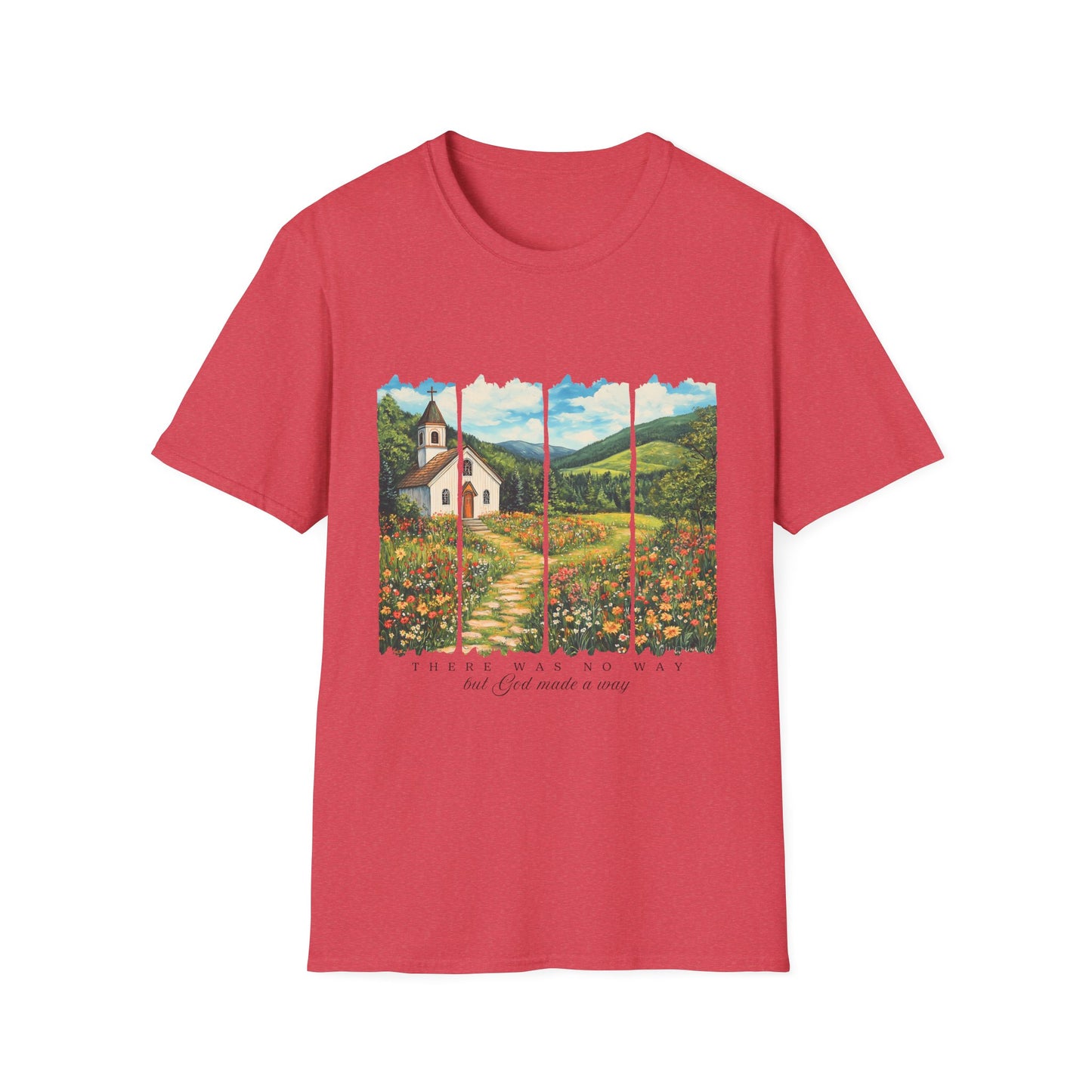 Scenic Chapel Landscape T-Shirt — Countryside Floral Mountain Art Tee