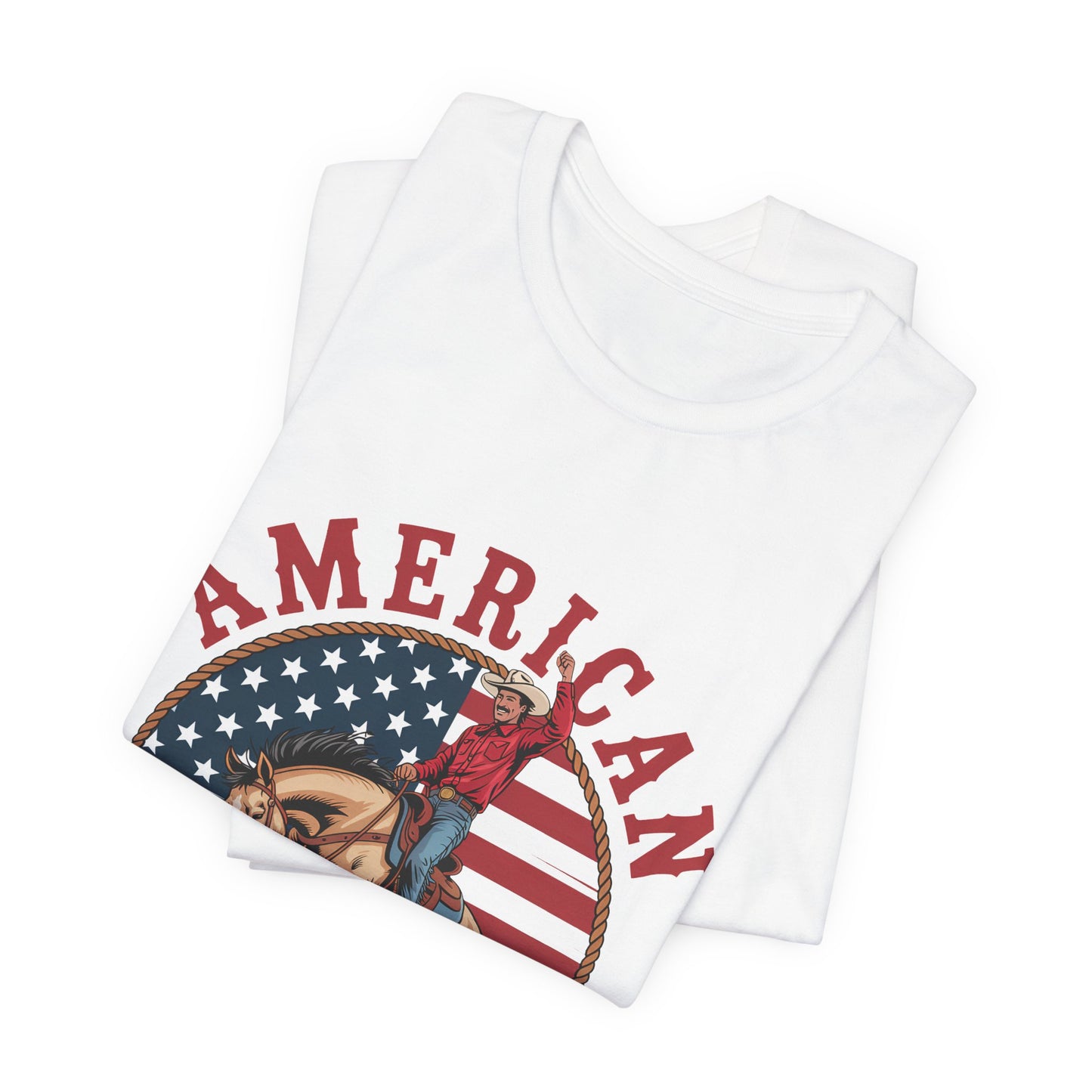 American Cowboy T-Shirt – patriotic rodeo tee with flag and rider