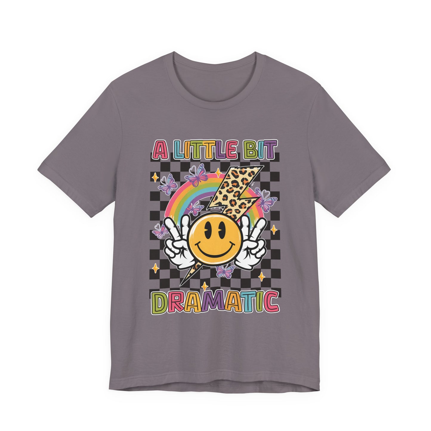 A Little Bit Dramatic Graphic Tee — Smiley Rainbow Checkerboard T-Shirt