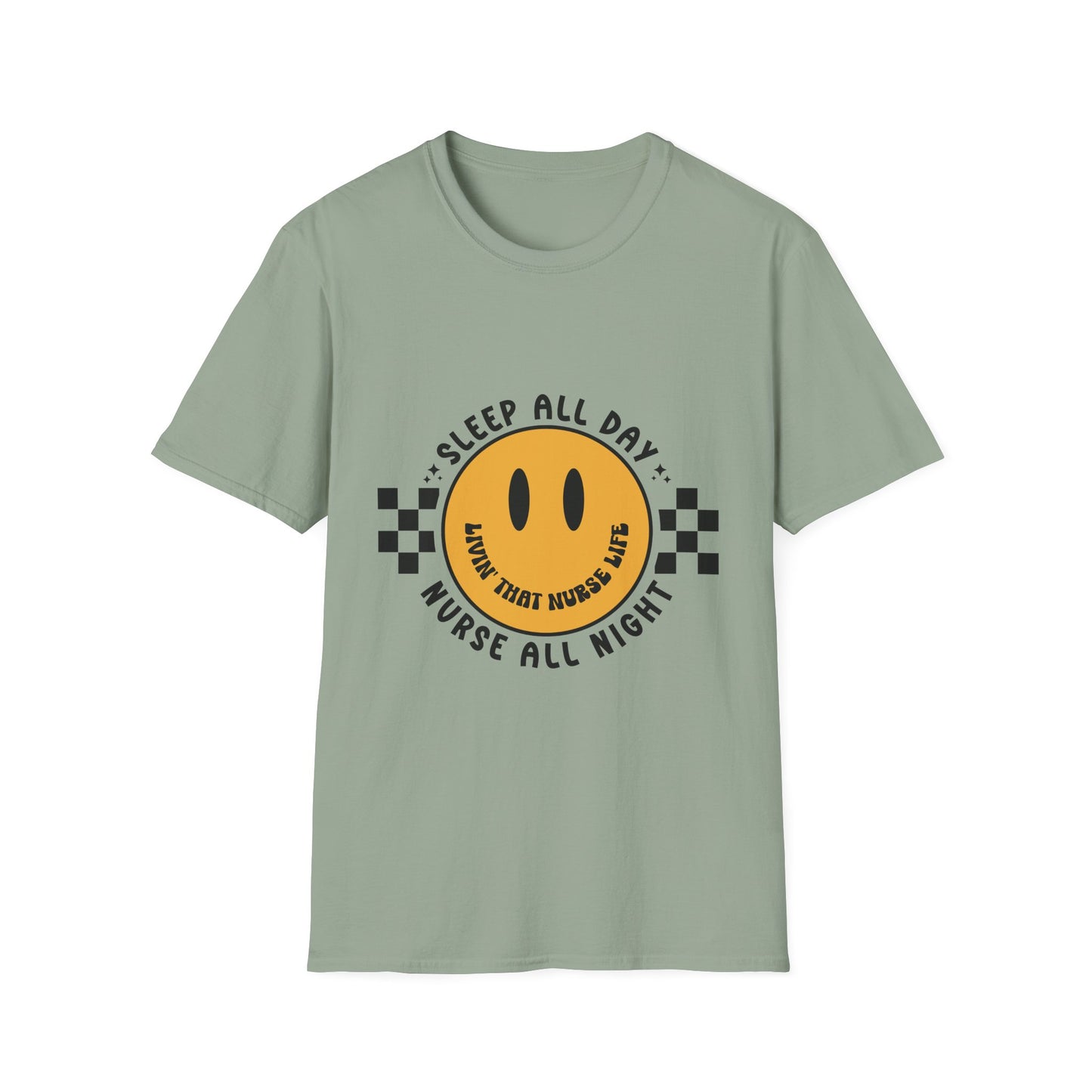 Nurse Smiley Tee — “Sleep All Day, Nurse All Night” Graphic T-Shirt