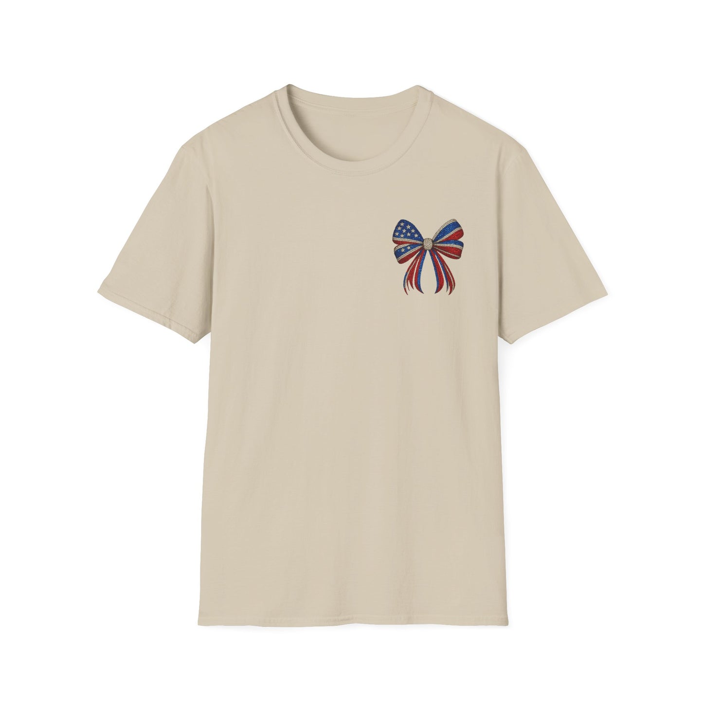 Patriotic Tee - "Land of the Free Because of the Brave" American Flag Bow