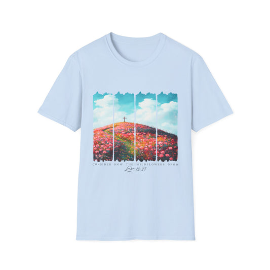 Christian Cross Meadow T-Shirt — Hope on the Hill Floral Graphic Tee