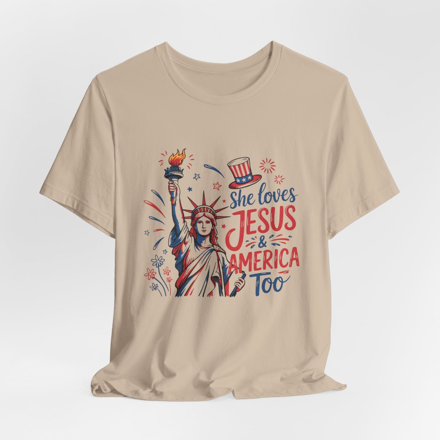 She Loves Jesus & America Too T-Shirt – Patriotic Statue of Liberty Christian Tee
