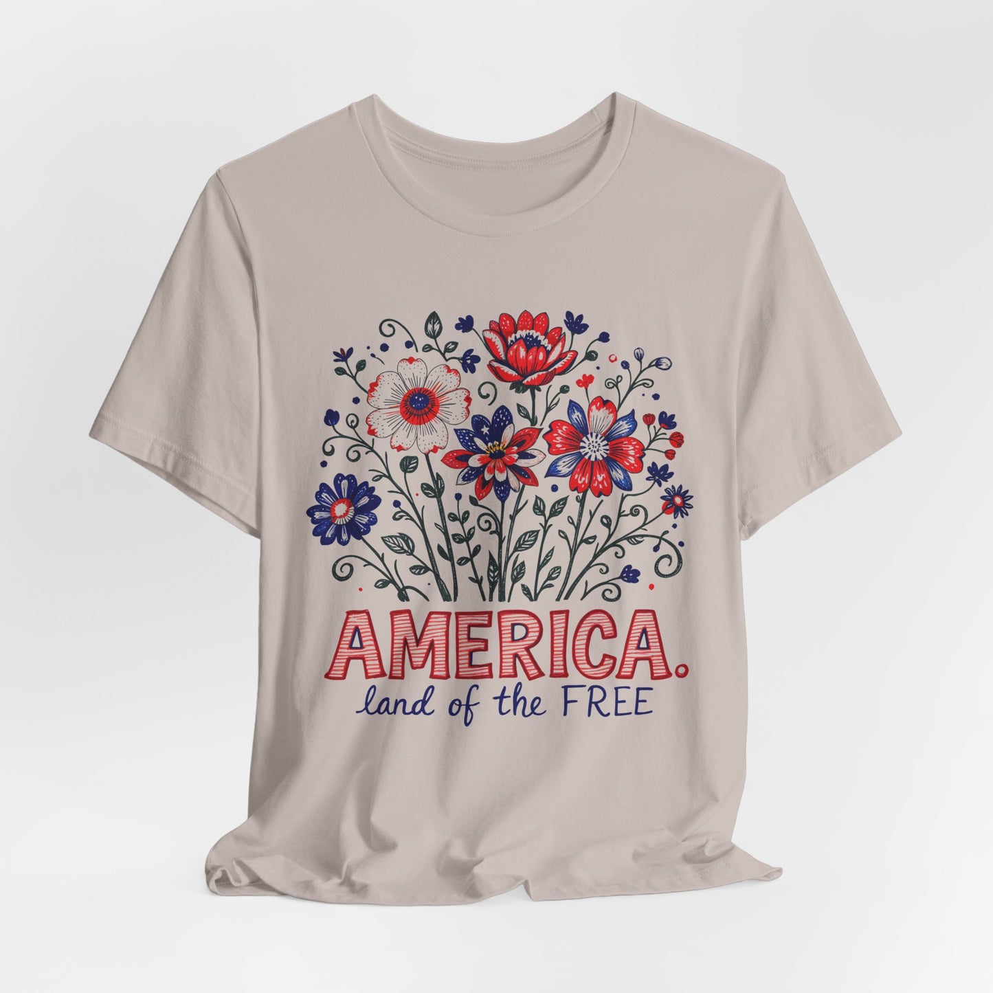 Patriotic Floral Tee — "America, Land of the Free"