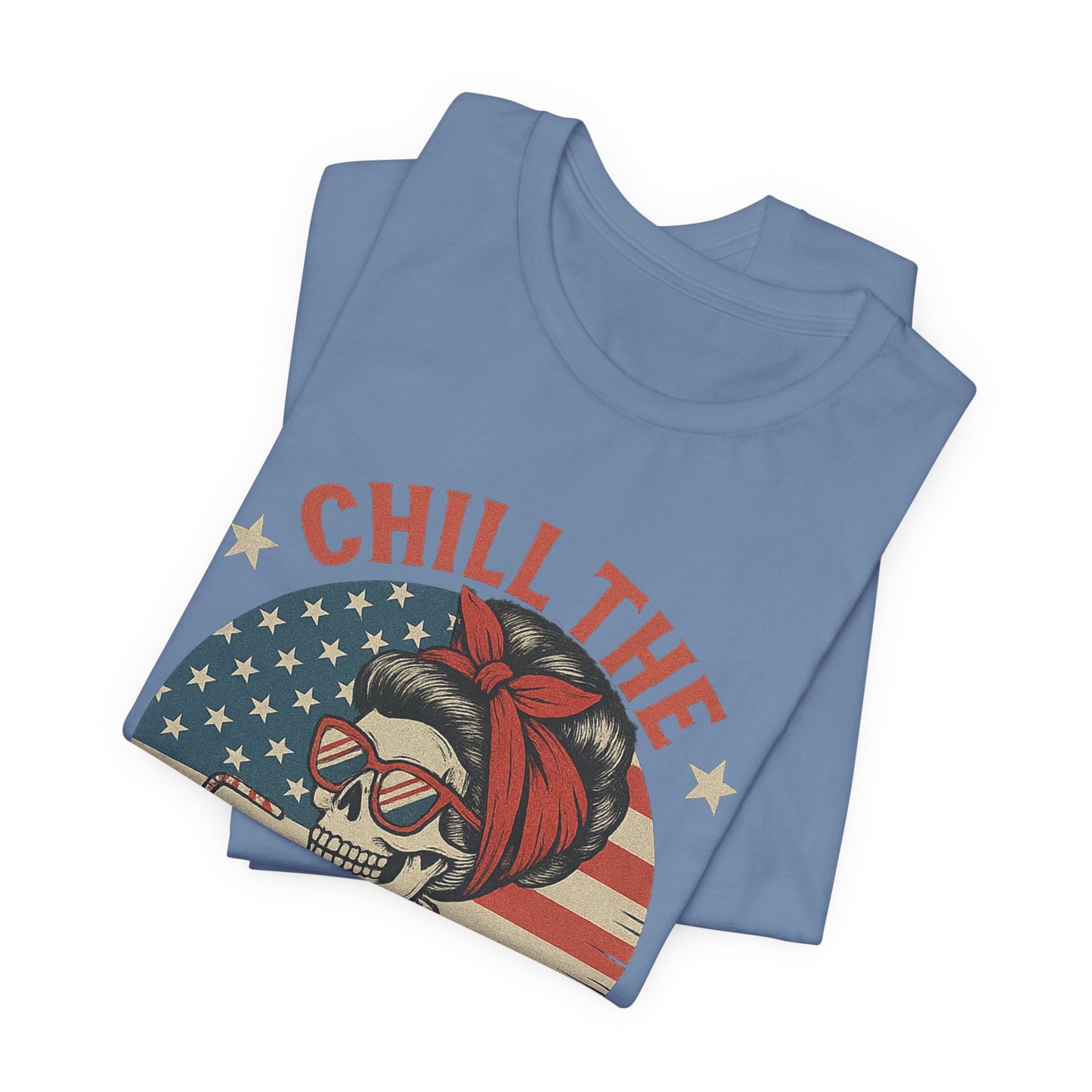 Chill the Fourth Out Tee – Retro Skull with American Flag & Drink | 4th of July Patriotic Shirt