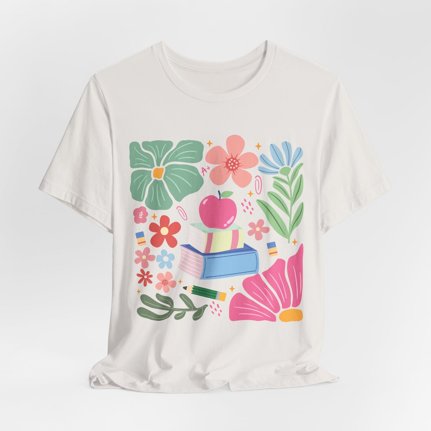 Floral Books & Apple Tee — Cute Spring Reading T-Shirt