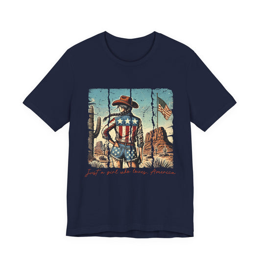 Patriotic Cowgirl Tee — "Just a Girl Who Loves America"