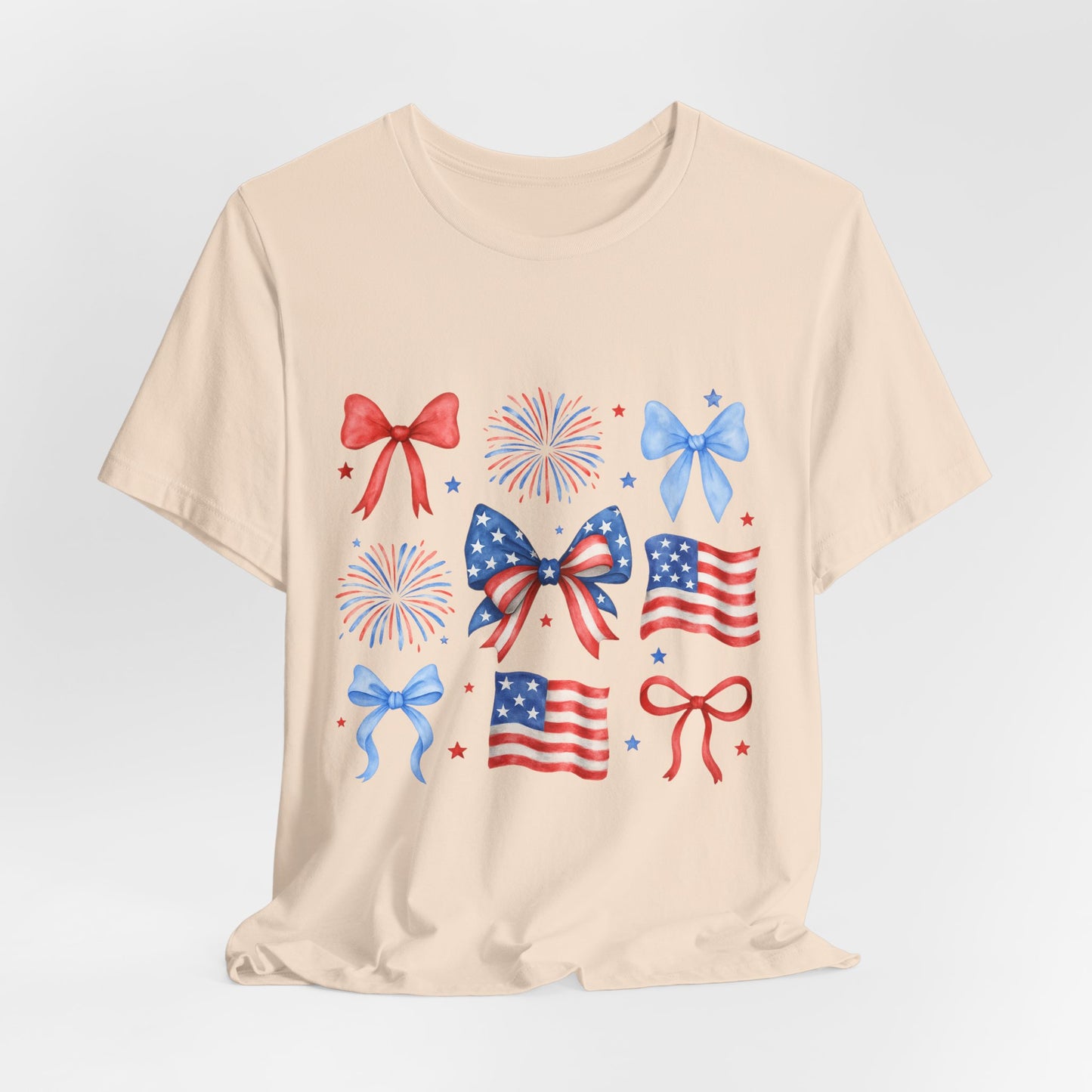 Patriotic Bows & Flags Tee — 4th of July Fireworks Graphic T-Shirt